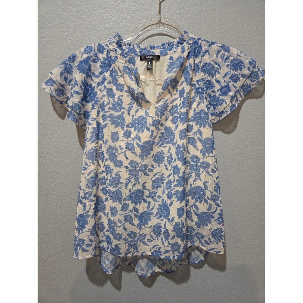 AQUA Blouse Women XS Blue Floral Ruffle V-Neck Metallic Clip Dot Excellent